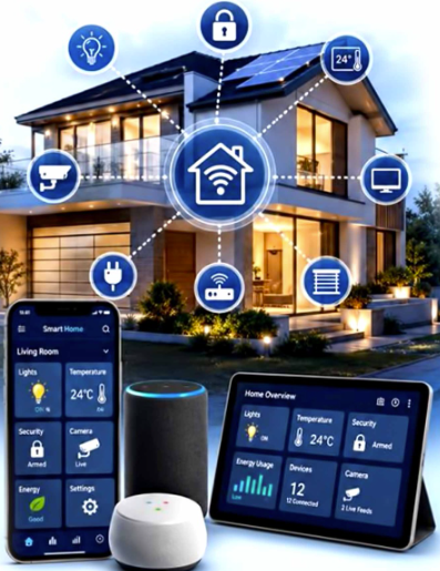Smart home automation system showing connected lighting, locks, climate control, CCTV, and a mobile app dashboard